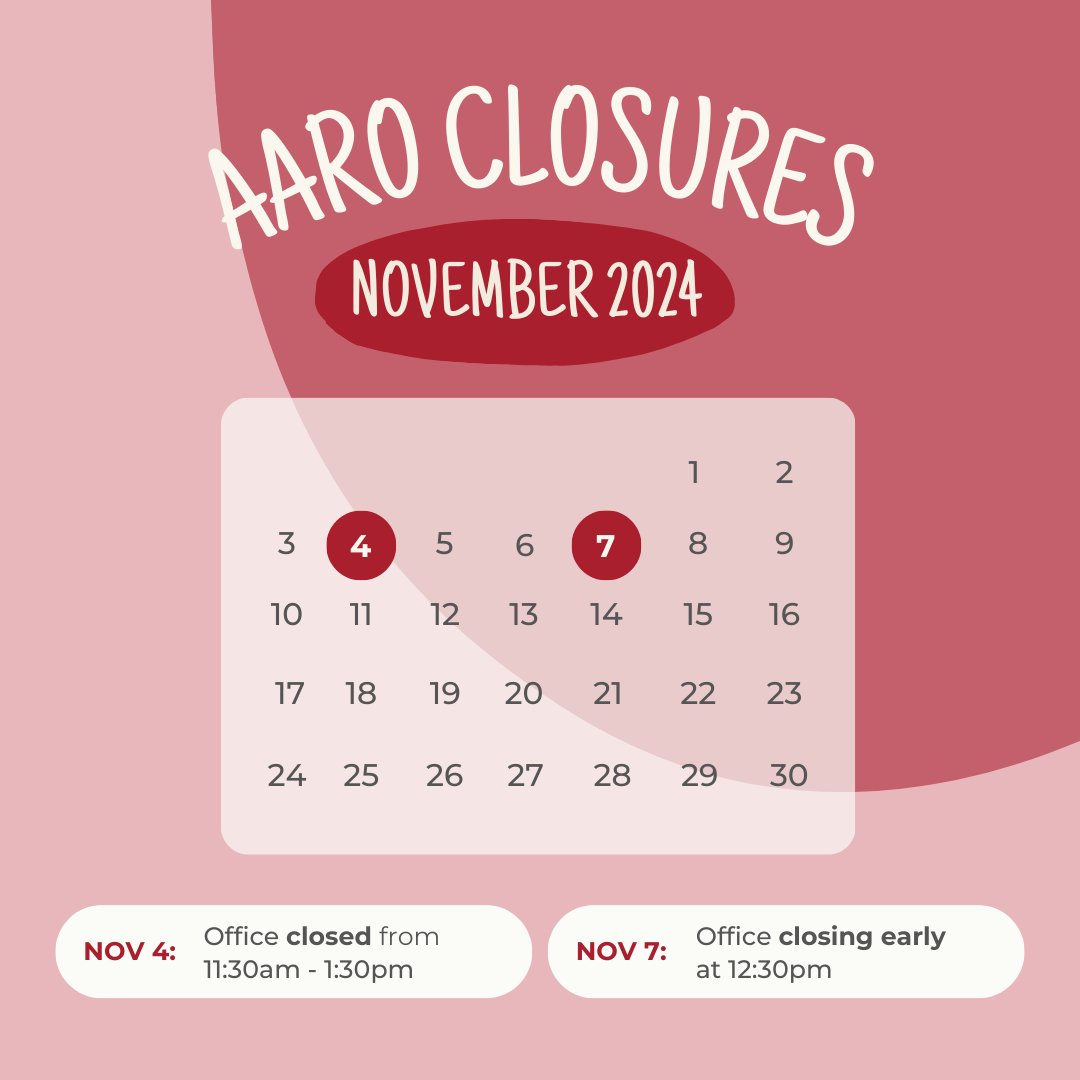Mark your November calendars! The UC Academic Advising &amp; Registrar's Office (AARO) will be closed during the following dates/times in the month of November:

-TODAY! Monday November 4th -- closed from 11:30am to 1:30pm
-Thursday November 7th -- closing early at 12:30pm