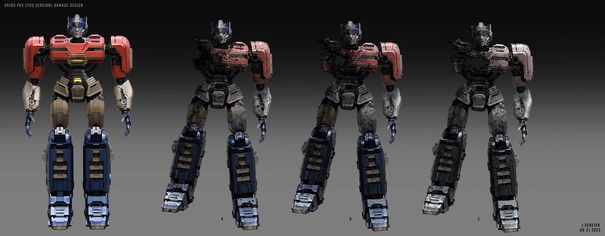 Getting to design Orion Pax's damage design was one of the highlights on the film. We pitched the idea that the fusion cannon would physically mangle his body with a gaping hole near and through his chest. We wanted to maintain clarity into Orion's eyes, so in the moment his life