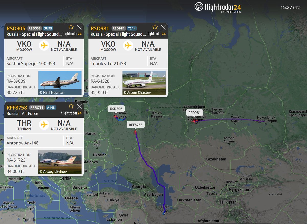 vcdgf555's tweet photo. Good morning.
Some Russian government and Air Force flights up currently.
🇷🇺 RSD305 is Sukhoi Superjet 100-95B passenger jet RA-89039 #155BCF
🇷🇺 RSD981 is Tupolev Tu-214SR comms relay RA-64528 #14FC10
🇷🇺 RFF8758 is Antonov An-148-100E regional jet RA-61723 #14F11B https://t.co/QUAnKPhPDZ