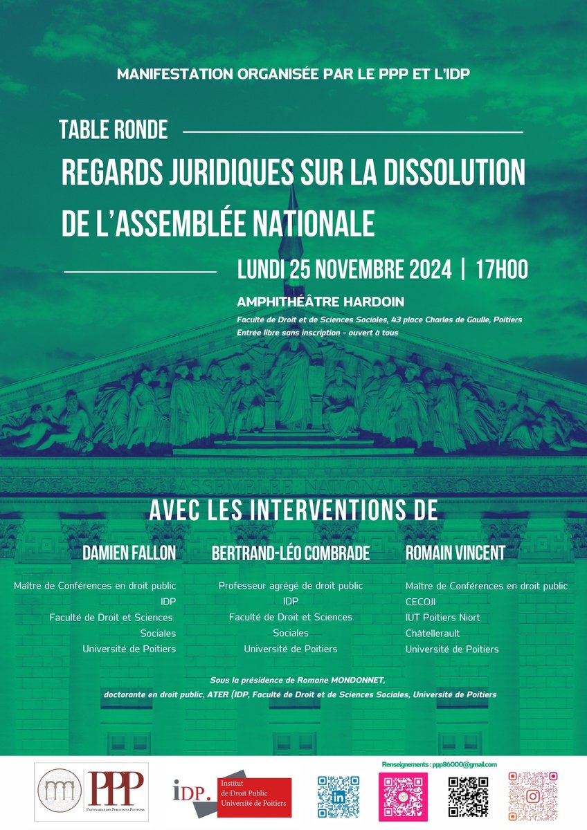 Faculté de Droit et Sciences sociales de Poitiers (@droit_poitiers) on Twitter photo 📢L'association du Partenariat des Publicistes Poitevins (PPP), avec le  soutien de l'Institut de Droit Public (IDP), a le plaisir de vous inviter à sa table ronde  intitulée "Regards  juridiques sur la dissolution de l'assemblée nationale". 
<a href="/InstitutIdp/">Institut de Droit Public (IDP)</a> <a href="/AssoPPP_/">Partenariat des Publicistes Poitevins</a> 📢L'association du Partenariat des Publicistes Poitevins (PPP), avec le  soutien de l'Institut de Droit Public (IDP), a le plaisir de vous inviter à sa table ronde  intitulée "Regards  juridiques sur la dissolution de l'assemblée nationale". 
<a href="/InstitutIdp/">Institut de Droit Public (IDP)</a> <a href="/AssoPPP_/">Partenariat des Publicistes Poitevins</a>