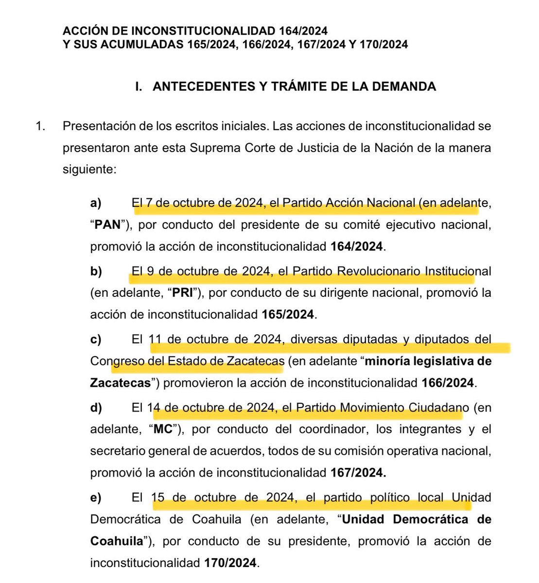 ErnestoGuerra_'s tweet photo. 🚨¿POR QUÉ ESTO QUE ACABA DE DECIR LA PRESIDENTA SHEINBAUM NO ES UN ESCÁNDALO MEDIÁTICO?

Acaba de sostener que la Corte “𝗿𝗲𝗰𝗶𝗯𝗲 𝘂𝗻 𝗮𝗺𝗽𝗮𝗿𝗼 𝗱𝗲 𝗽𝗮𝗿𝘁𝗶𝗱𝗼𝘀 𝗽𝗼𝗹𝗶́𝘁𝗶𝗰𝗼𝘀 𝗾𝘂𝗲 𝗻𝗼 𝘁𝗶𝗲𝗻𝗲𝗻 𝗽𝗲𝗿𝘀𝗼𝗻𝗮𝗹𝗶𝗱𝗮𝗱 𝗷𝘂𝗿𝗶́𝗱𝗶𝗰𝗮” 

NO Presidenta estás mal informada, NO le dicen la verdad o NO te explican bien y te estas exhibiendo. 

La Corte va a resolver un proyecto que atiende a CINCO acciones de inconstitucionalidad que presentaron TRES partidos nacionales a través de tres personas (sus dirigentes nacionales o sus órganos nacionales) DEBIDAMENTE LEGITIMADOS con personalidad jurídica acreditada para interponer acciones de inconstitucionalidad como marca el art. 105 de nuestra Constitución; también presentaron una acción una minoría parlamentaria de un Congreso estatal y un dirigente de un partido local.

Señora Presidenta Claudia Sheinbaum te están mal informando y estás transmitiendo un mensaje falso al pueblo.

Deberías tener personas que te digan la verdad constitucional, NO existen amparos de partidos son acciones de inconstitucionalidad un medio de control constitucional que aún estaba en la Carta Federal antes de tu reforma de ‘supremacía constitucional o inimpugnabilidad’ que recién acabas de publicar.

Los partidos SI TIENEN legitimación para presentar estas acciones de inconstitucionalidad señora Presidenta, mira las fotos del proyecto que la Corte va a resolver mañana: