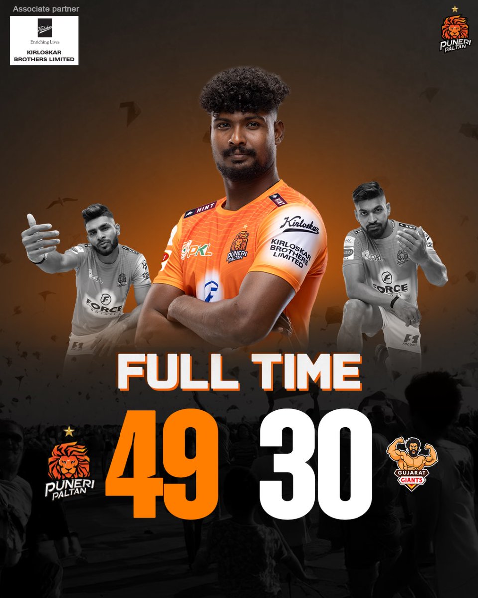PuneriPaltan's tweet photo. अजून एक दणदणीत विजय!
Another day, Another Win!
#Match7 | #PPvsGG | #PuneriPaltan | #PaltangiriContinues | #पुन्हाहोऊदेPaltangiri | #PKL11 | #Prokabaddi https://t.co/ARi3JksgGX