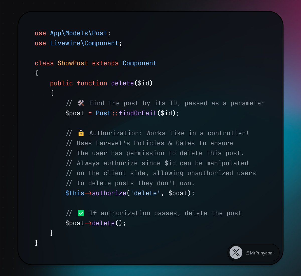 MrPunyapal's tweet image. 🚨 Livewire Security Tip: Always authorize your actions! 🔒

Never trust user input—always verify permissions before performing sensitive operations. If you’ve already used Gates and Policies, Livewire feels like home! 🏡💪 

#Laravel #Livewire