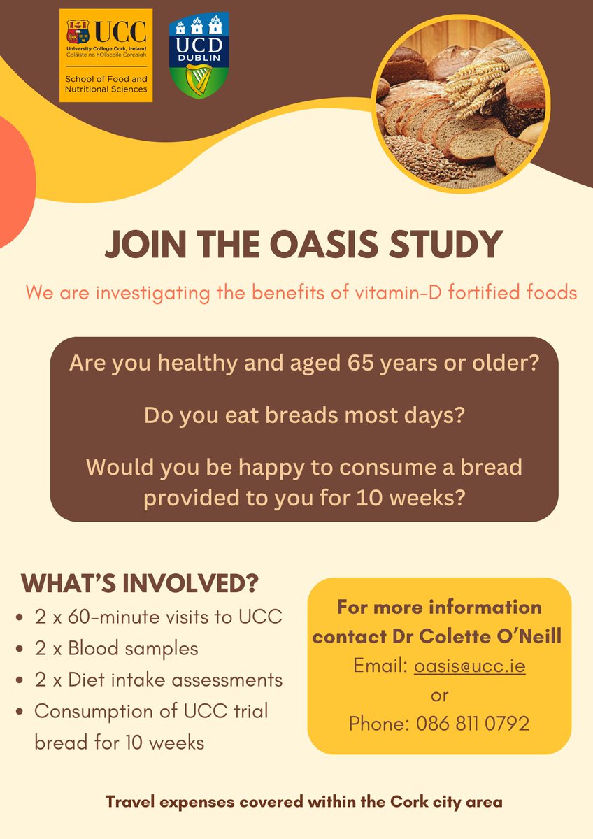 UCC School of Food and Nutritional Sciences (@fnsucc) on Twitter photo Are you 65+? Join the OASIS Study! Help us explore the benefits of vitamin D-fortified foods. Involves 2 visits to UCC, blood samples, diet assessments & 10 weeks of trial bread. Travel expenses covered within Cork city.
Contact Dr Colette O'Neill at oasis@ucc.ie or 086 811 0792 Are you 65+? Join the OASIS Study! Help us explore the benefits of vitamin D-fortified foods. Involves 2 visits to UCC, blood samples, diet assessments & 10 weeks of trial bread. Travel expenses covered within Cork city.
Contact Dr Colette O'Neill at oasis@ucc.ie or 086 811 0792