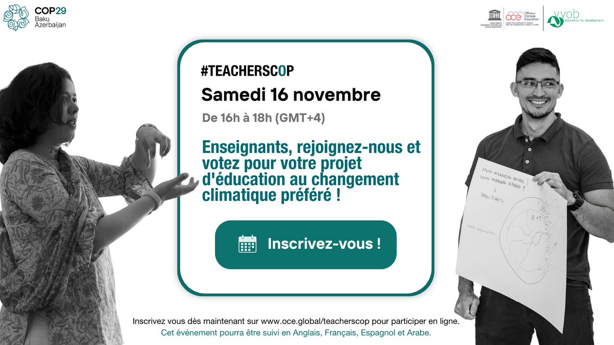 📢 Enseignants, c'est le moment de voter ! 🌍 Participez à la #TeachersCOP, le 16 novembre 2024 à 16h (heure de Bakou), et choisissez vos projets d’éducation au changement climatique favoris.

Inscrivez-vous ici 👉 urlr.me/qwxSM

#COP29