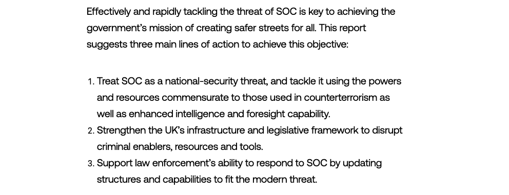 Great to see the PM vow to treat organised crime as a national security threat and give the police enhanced powers to tackle it. As our recent <a href="/InstituteGC/">Tony Blair Institute for Global Change</a> paper w/ <a href="/CrestAdvisory/">Crest Advisory</a> shows, an approach modelled on counter-terrorism is the way to go to disrupt the gangs 1/