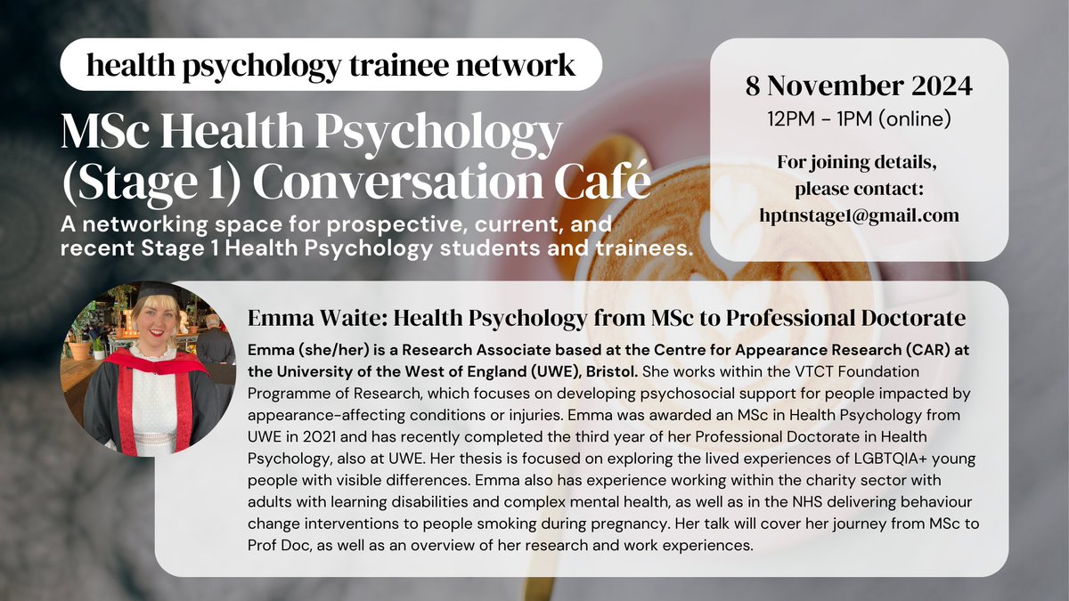 Health Psychology Trainee Network (MSc/Stage 1) (@hptn_stage1) on Twitter photo Just a few days to go! 📅 Don’t forget to join us this Friday for our Conversation Café with <a href="/ecswaite/">Emma Waite</a> from <a href="/UWEBristol/">UWE Bristol</a>! She’ll be sharing her journey, LGBTQIA+ youth research, and experiences in #HealthPsychology. See you there! 🌈✨ Just a few days to go! 📅 Don’t forget to join us this Friday for our Conversation Café with <a href="/ecswaite/">Emma Waite</a> from <a href="/UWEBristol/">UWE Bristol</a>! She’ll be sharing her journey, LGBTQIA+ youth research, and experiences in #HealthPsychology. See you there! 🌈✨