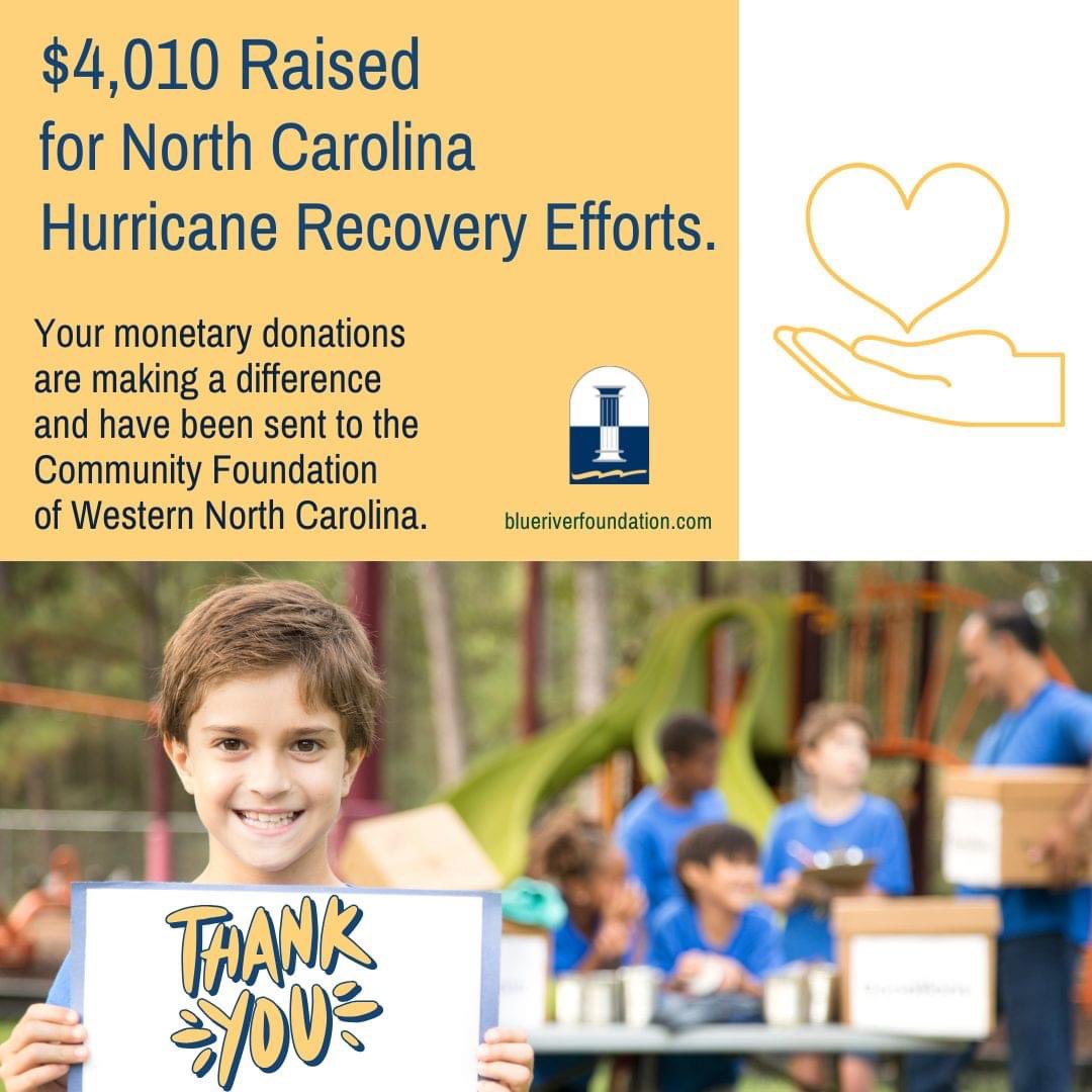 Thanks to the generosity of our donors, Blue River Community Foundation will be sending a check for $4,010 to the Community Foundation of Western North Carolina to support their continued efforts to raise their community after Hurricane Helene.