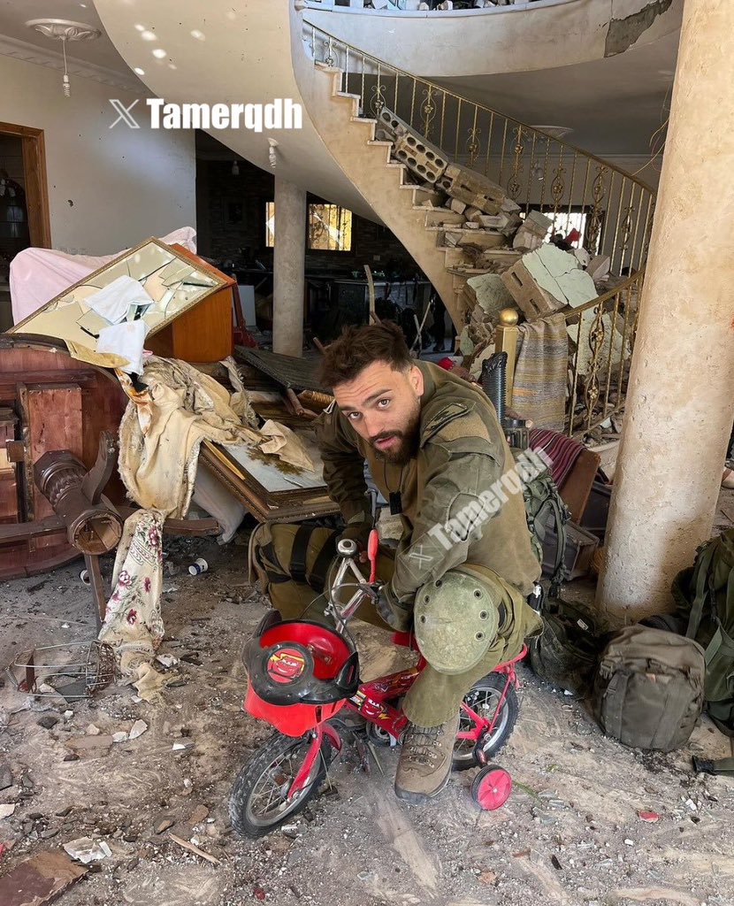 FalastineL's tweet photo. An Israeli soldier shared photos of himself messing with the toys of displaced Lebanese children while his comrades demolished their homes in southern Lebanon. https://t.co/a0uYgAZ6Ad