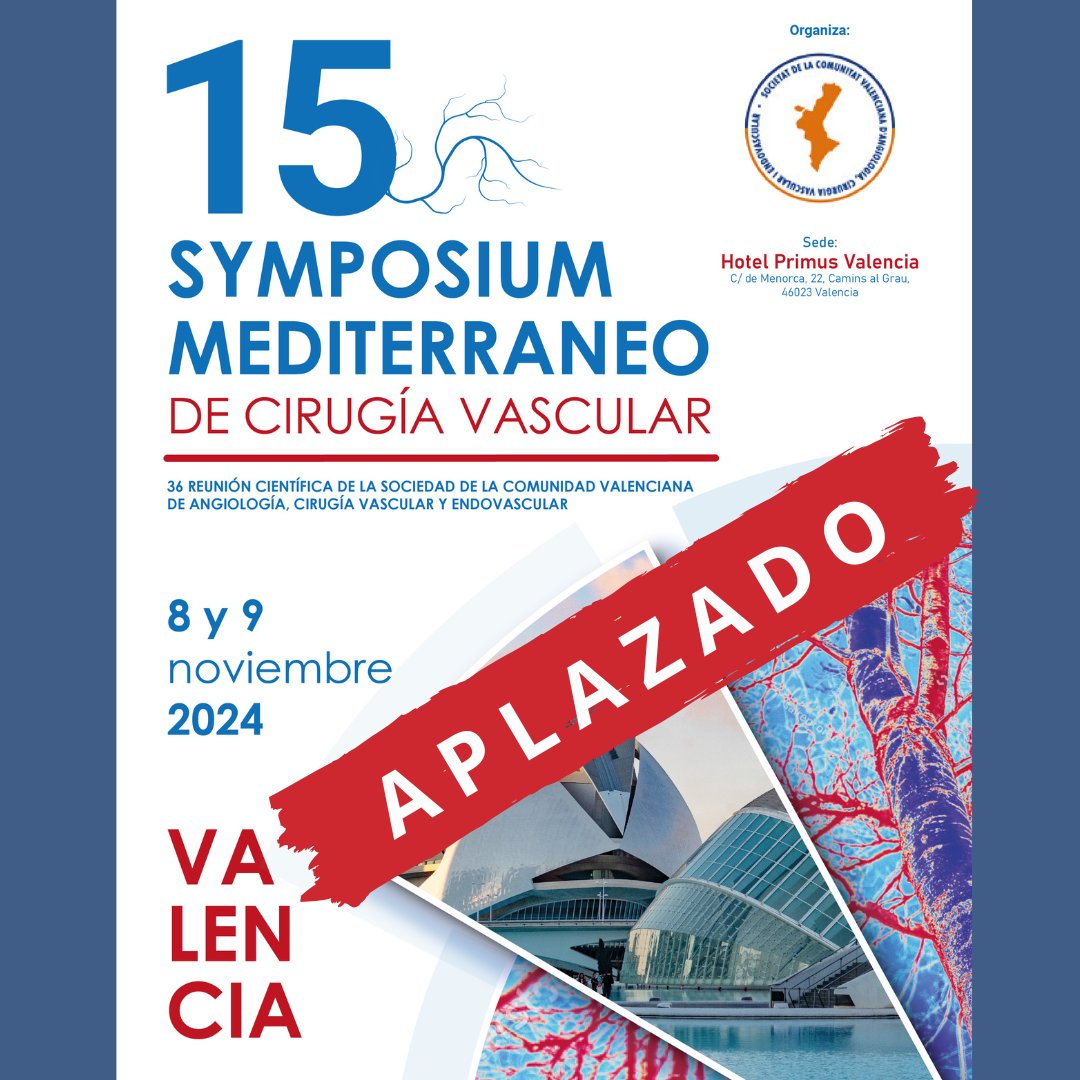 📢 Ante los graves efectos de la DANA en Valencia, la Organización del 15º Symposium Mediterráneo de Cirugía Vascular ha decidido aplazarlo al 24 y 25 de enero de 2025, manteniendo formato, sede y ponentes.
🫂 💙 Nuestro cariño con los damnificados 
 #CirugíaVascular #DANA