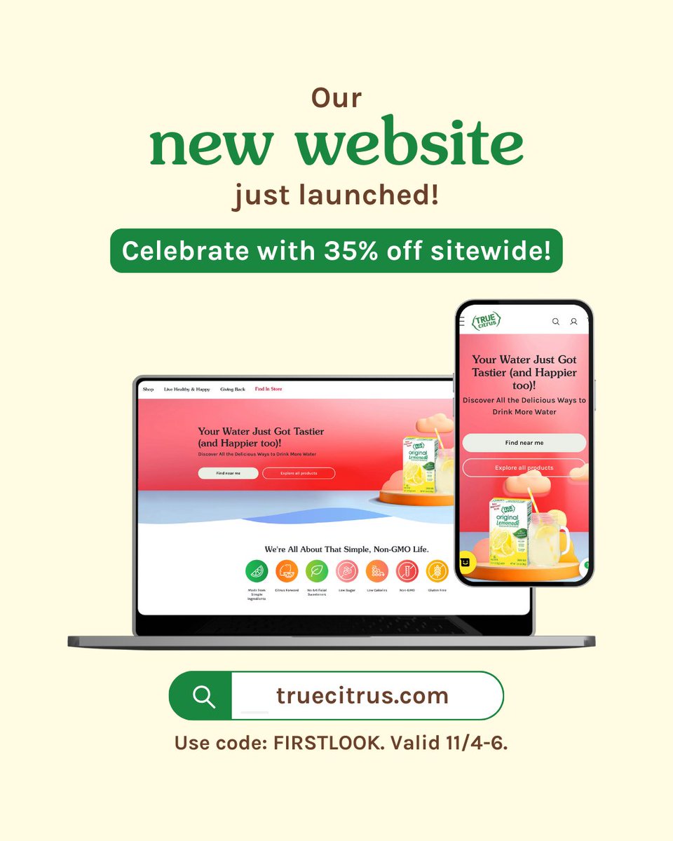 truelemon's tweet image. SURPRISE!!! 🎉 Our new website is now LIVE! 

We&apos;re thrilled to introduce our redesigned online home with a smoother, faster, and better experience. Explore now with 35% off sitewide using code FIRSTLOOK! 🍋