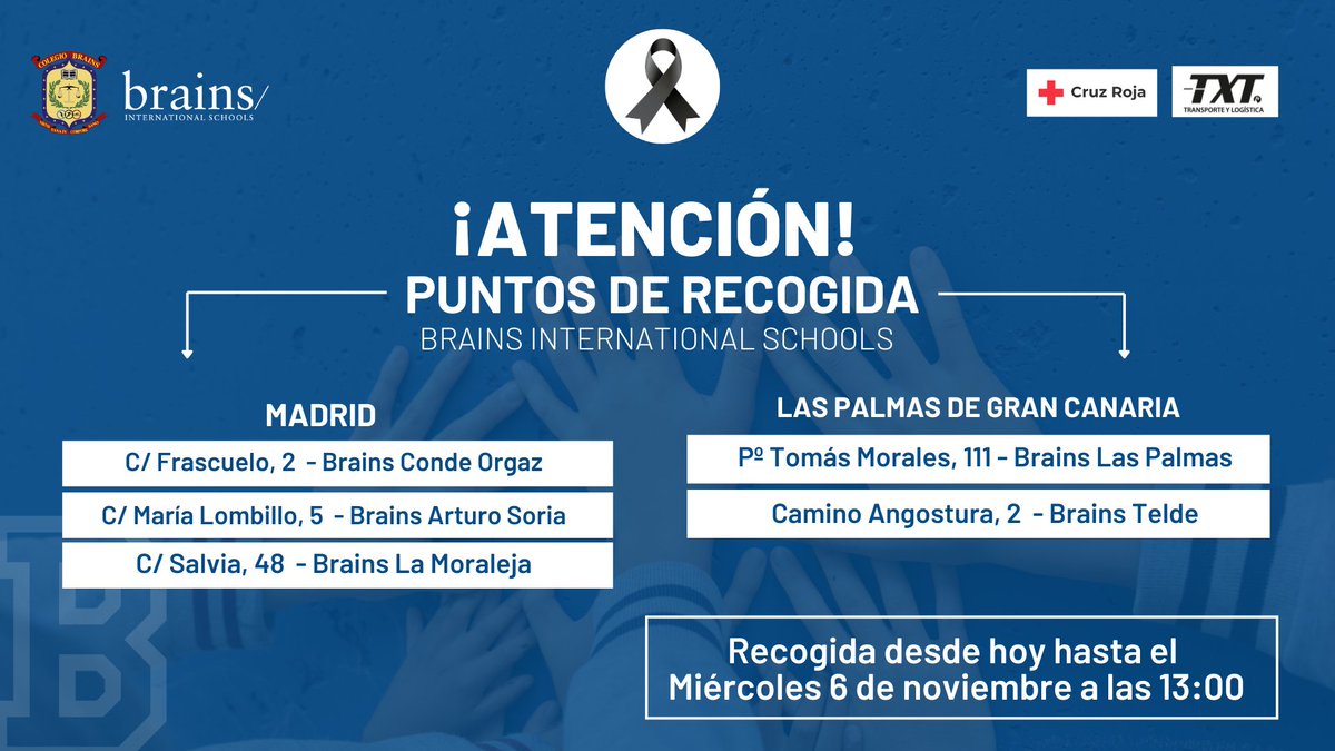 Colegio_Brains's tweet image. 🚨 ¡Atención! En Brains hemos habilitado puntos de recogida en nuestros colegios para enviar todos los recursos posibles a los afectados por la DANA. 💙

📍 Puntos de recogida en Madrid:

Brains Conde Orgaz: C/ Frascuelo, 2
Brains Arturo Soria: C/ María Lombillo, 5
Brains La…