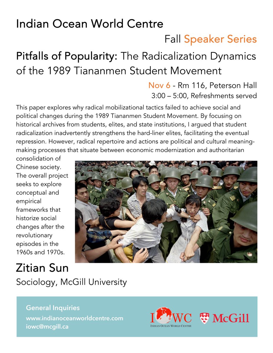 Next Speaker Series talk is this week with Zitian Sun, PhD candidate in Sociology here <a href="/mcgillu/">McGill University</a> on:

"Pitfalls of Popularity: The Radicalization Dynamics of the 1989 Tiananmen Student Movement"

3pm, Nov 6, Rm 116 Peterson Hall.
