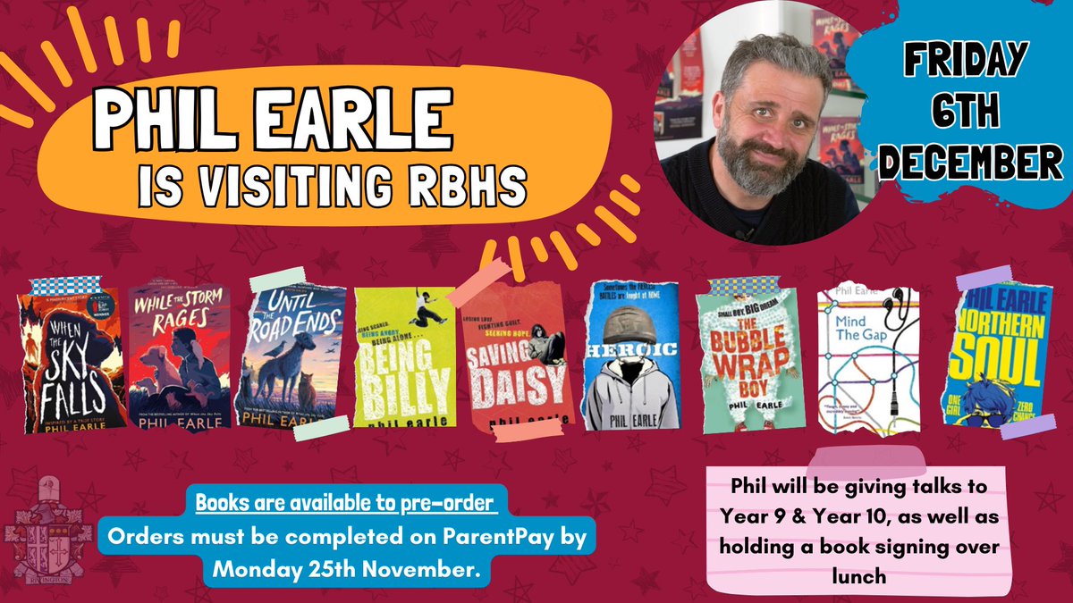 RBHS_Library (@library_rbhs) on Twitter photo We’re excited to announce that the fantastic <a href="/philearle/">Phil Earle</a> is our next author visit!
Phil will be visiting Y9 & Y10, with books available to buy on ParentPay from the wonderful <a href="/ebbandflobooks/">ebb & flo bookshop</a>
Letters with more information about the visit & Phil’s books are being emailed home. We’re excited to announce that the fantastic <a href="/philearle/">Phil Earle</a> is our next author visit!
Phil will be visiting Y9 & Y10, with books available to buy on ParentPay from the wonderful <a href="/ebbandflobooks/">ebb & flo bookshop</a>
Letters with more information about the visit & Phil’s books are being emailed home.