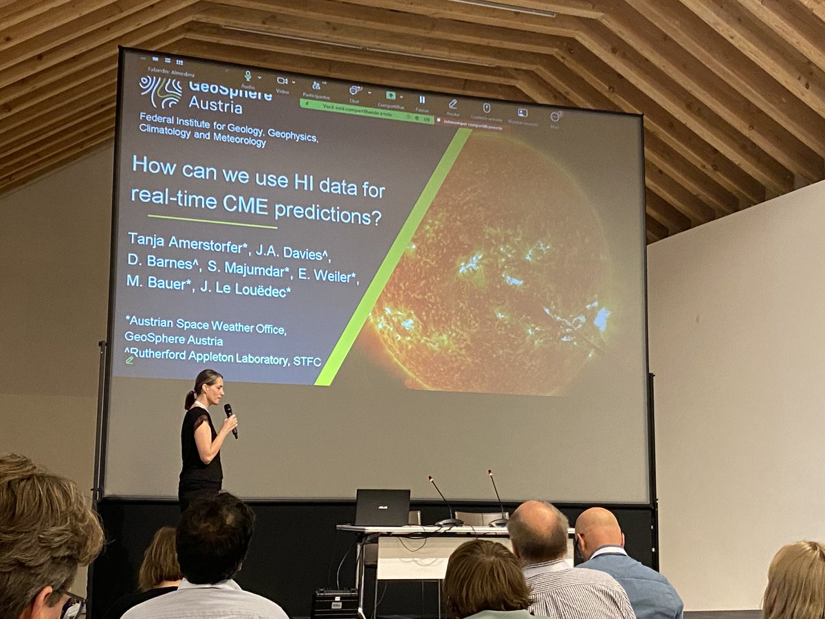 ASWOGeoSphere's tweet image. The Austrian Space Weather Office contributions at the European Space Weather Week in Coimbra/Portugal #ESWW2024 were kicked off by Tanja Amerstorfer @AmerstorferTa with a🔥talk on the usage of heliospheric imagers for real time solar storm prediction.