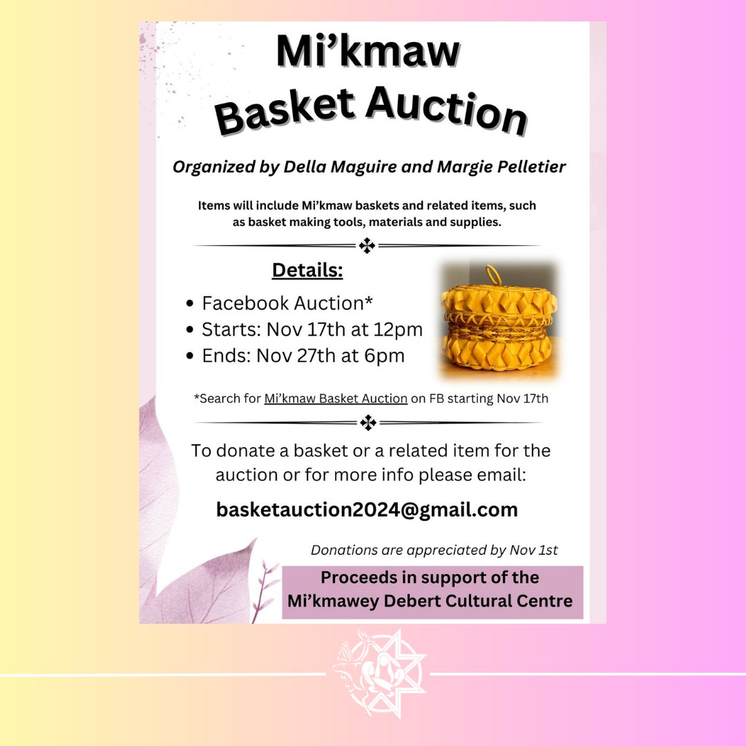 🧺✨ Mi'kmaw Basket Auction! Nov 17-27 on Facebook. Bid on Mi'kmaw baskets &amp; supplies. Proceeds support Mi'kmawey Debert Cultural Centre!
