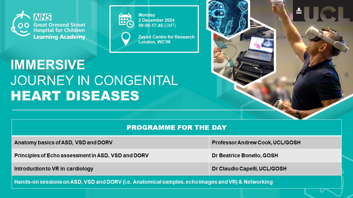 Check out the programme for our upcoming Immersive journey in congenital heart disease course. This unique training on 2 December will showcase the best in anatomical lab, echocardiography and virtual reality.

Sign up and find out more: courses.gosh.org/event/immersiv…

#VirtualReality