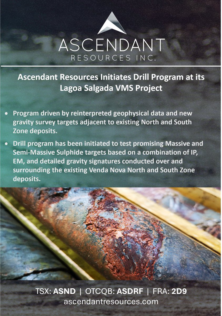 AscendantRes's tweet photo. Ascendant Resources Initiates Drill Program at its Lagoa Salgada VMS Project. For more details, please see: https://t.co/Lr1gGLy6uF $ASND https://t.co/gGd7k62wpP