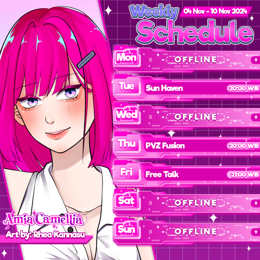 AmiaCamellia's tweet photo. 🌸Schedule 4 Nov - 10 Nov 2024🌸
🕵♀️【HASHTAG 】🕵♀️
General : #AmiaCamellia
Live : #AmiaLive
Meme : #AmiMeme
FanArt : #AmiaArt
Announcement : #AmiaNews
Fanname : Amimir
Fanmark : 🪪 https://t.co/NfXVcoNaNW