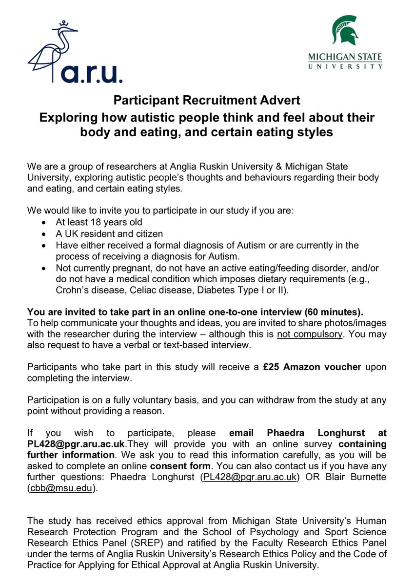 PARTICIPANTS NEEDED👀 We are looking for UK-based #ActuallyAutistic folks to take part in a one-to-one interview to help us explore how they feel about their body and certain eating styles

If interested, why not send me (an autistic researcher) an email at PL428@pgr.aru.ac.uk