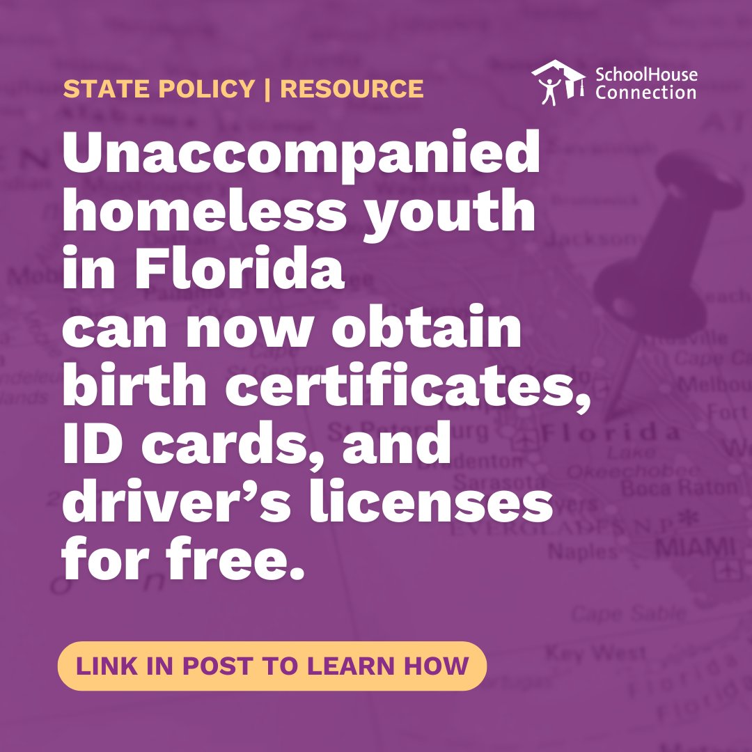 SchoolHouseConn's tweet photo. Recent policy reform in Florida helps unaccompanied #homeless youth obtain vital documents like birth certificates, identification cards, and driver’s licenses for FREE. Learn how to obtain these vital documents. 👉 https://t.co/M2tAv05gNh https://t.co/NrW0cLN6Om