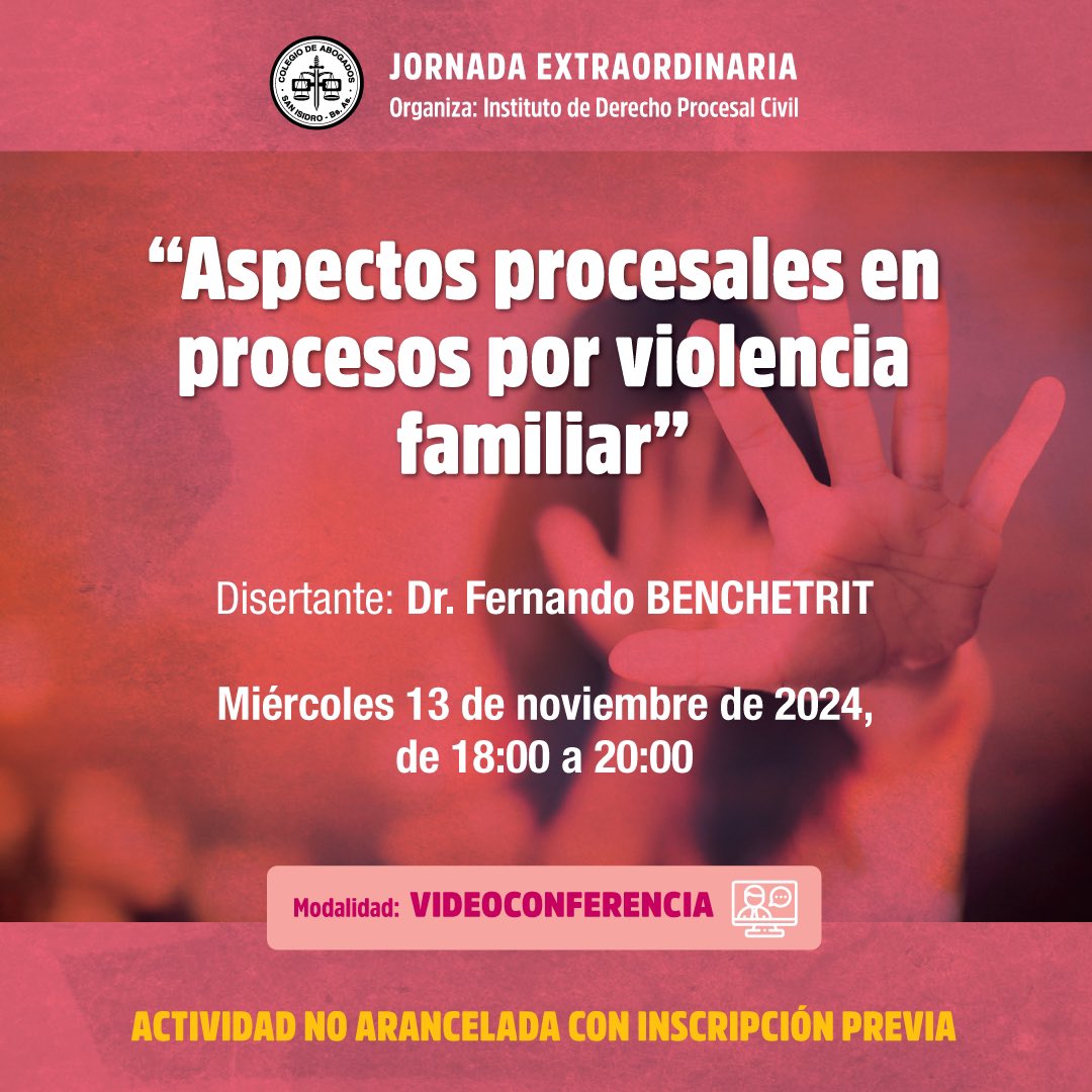 colsanisidro's tweet photo. [Jornada]

🗓️ Miércoles 13 de noviembre, 18:00

⚖️ "Aspectos procesales en procesos por violencia familiar"

🎙️ Dr. Fernando Benchetrit

📍 Virtual

❗Actividad no arancelada, con inscripción previa

Más información: https://t.co/QOZxgbUWU4 

#CASI https://t.co/jha960mGXH