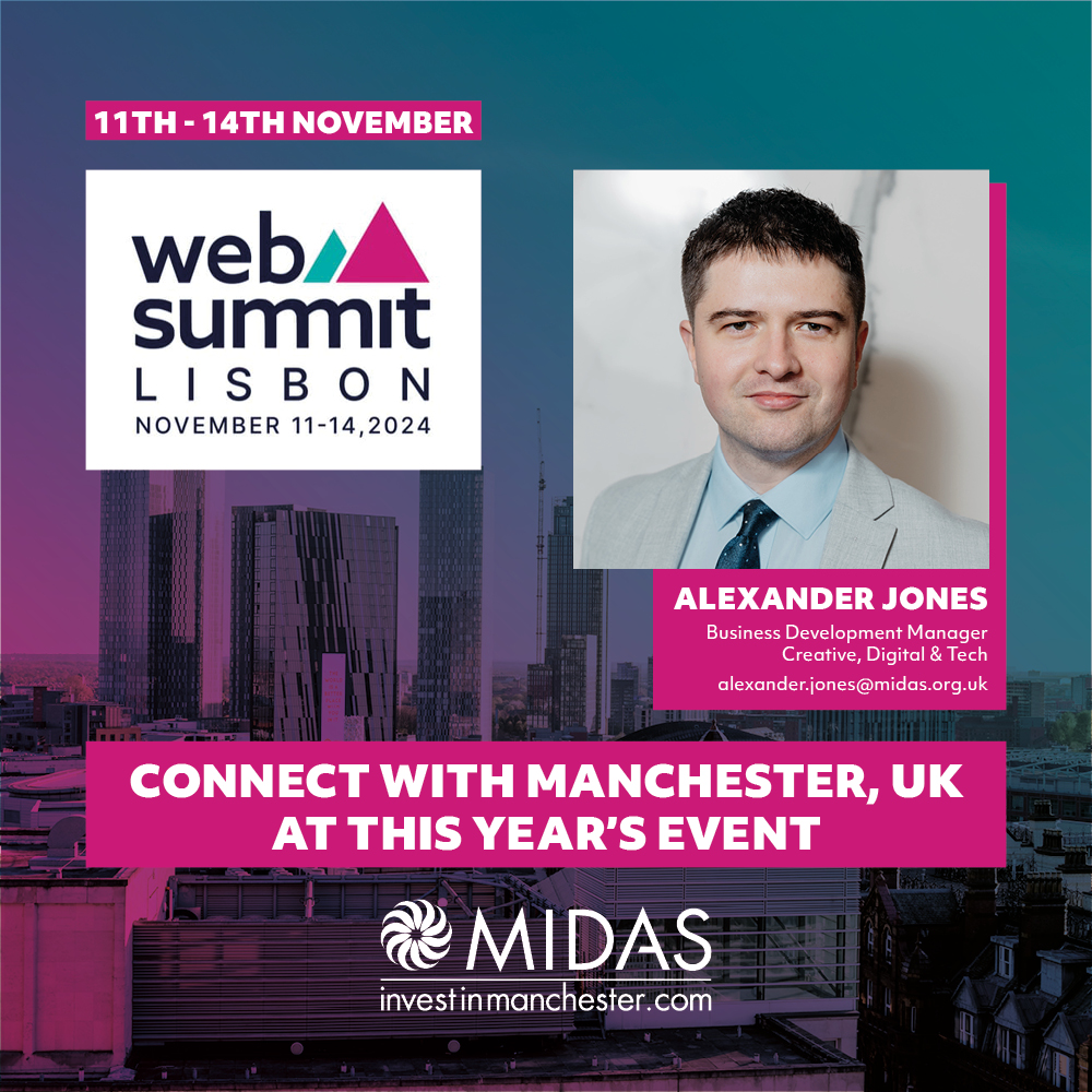 Our Business Development Manager for Creative, Digital &amp; Tech, Alexander Jones, will attend the Web Summit in Lisbon, Portugal, next week!

Book in a meeting with Alex, as he will be out there representing Greater Manchester's aim and how we can support you and your business.