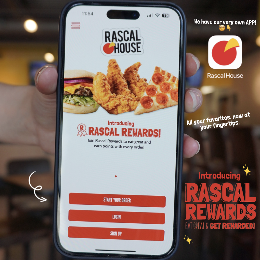Introducing Rascal Rewards! 👏

Great quality food, fast and friendly service, and awesome rewards, all in one app! 📲

+ new members earn a FREE Pizza Reward just for signing up! Download the Rascal House app to join apps.apple.com/us/app/rascal-… 🍕