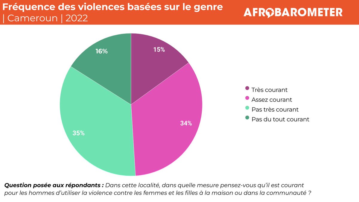 CIBLE_ETUDES's tweet photo. Presque deux tiers (63%) des Camerounais affirment que le recours à la force physique par un homme pour punir sa femme est « parfois » (47%) ou « toujours » (17%) justifié.
Pour en savoir plus, rendez-vous sur le site de @afrobarometer  : https://t.co/3sFRuExjdf

#VoicesAfrica https://t.co/ZUweT5YT9c