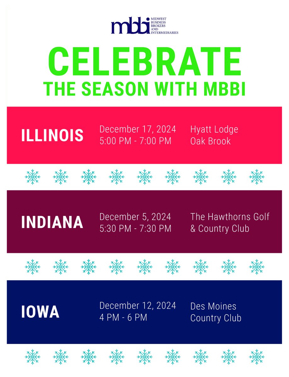 Join MBBI for one or more of these festive gatherings in December! Each is a easy entre into M&amp;A networking at its best, MBBI style. 

Register now:  mbbi.org/events