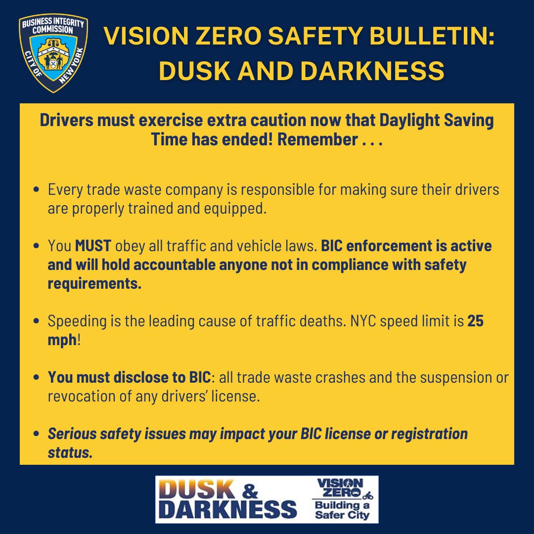SAFETY FIRST ⚠️Now that Daylight Saving Time has ended, trade waste drivers must exercise extra caution and be aware of additional challenges to visibility #VisionZero