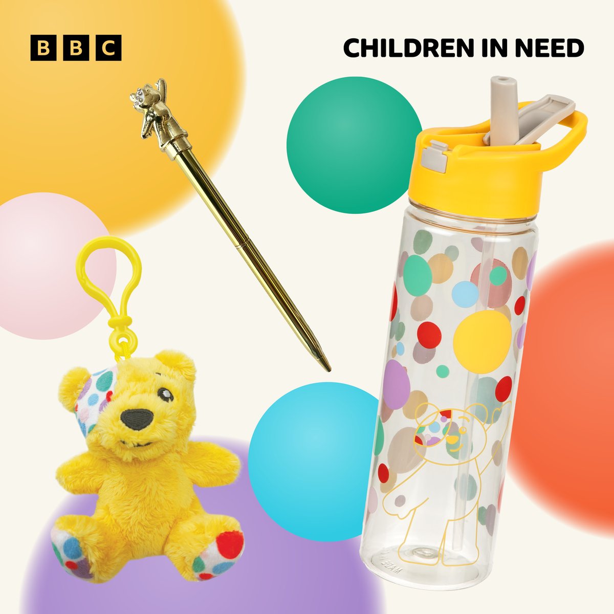 BBCCiN's tweet photo. How cute are these? 😍 

Get your Pudsey water bottle, keyring and pen in your local @onestopstores  now! https://t.co/tqqlmXev7Q