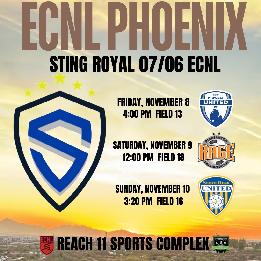 Sting Royal 07/06G ECNL (@stngroyal06ecnl) on Twitter photo Looking forward to a great <a href="/ECNLgirls/">ECNL Girls</a> event. Come 👀 us at ECNL PHOENIX 🌵💙
<a href="/RockyMonk8/">Rocky Monk</a> <a href="/StingSoccerClub/">Sting Soccer Club</a> <a href="/TopDrawerSoccer/">TopDrawerSoccer</a> <a href="/TheSoccerWire/">SoccerWire</a> <a href="/PrepSoccer/">Prep Soccer ⚽️</a> <a href="/ImYouthSoccer/">ECNL/GA/Recruiting/College Soccer</a> Looking forward to a great <a href="/ECNLgirls/">ECNL Girls</a> event. Come 👀 us at ECNL PHOENIX 🌵💙
<a href="/RockyMonk8/">Rocky Monk</a> <a href="/StingSoccerClub/">Sting Soccer Club</a> <a href="/TopDrawerSoccer/">TopDrawerSoccer</a> <a href="/TheSoccerWire/">SoccerWire</a> <a href="/PrepSoccer/">Prep Soccer ⚽️</a> <a href="/ImYouthSoccer/">ECNL/GA/Recruiting/College Soccer</a>
