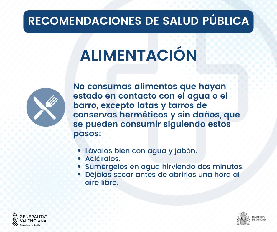 GVAsanitat's tweet photo. 🥫 Recomendaciones de Salud Pública tras inundaciones - ALIMENTACIÓN

ℹ️ Más información: https://t.co/PvvOUEpU7N https://t.co/kQFslrEXVs