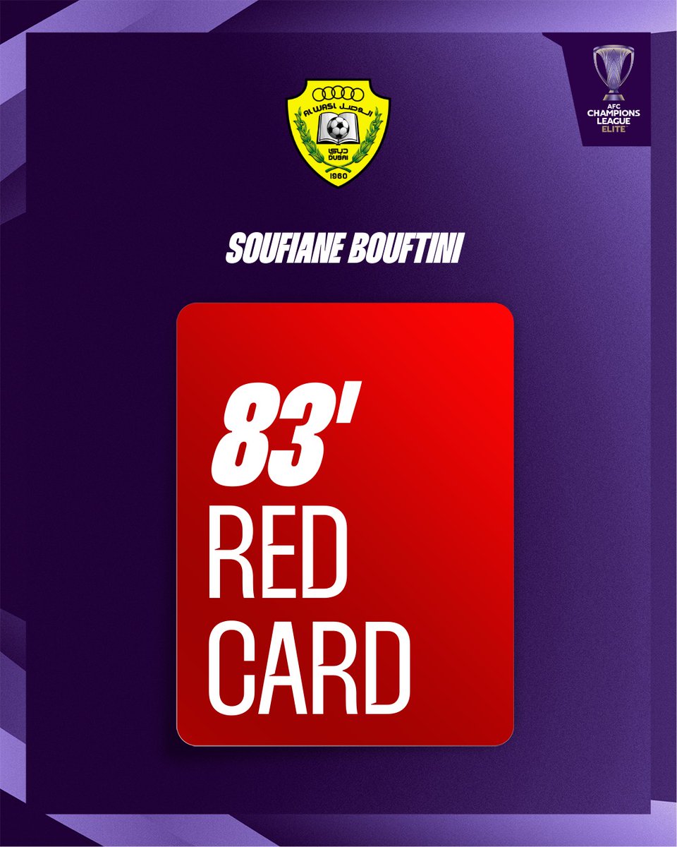 TheAFCCL's tweet photo. 🟥 RED CARD | Al Wasl 🇦🇪

Bouftini has been given the marching orders! 

Watch Live 📺 https://t.co/sMjqIhGjJJ

#ACLElite | #WASvSAD https://t.co/2cGMd9XOqJ