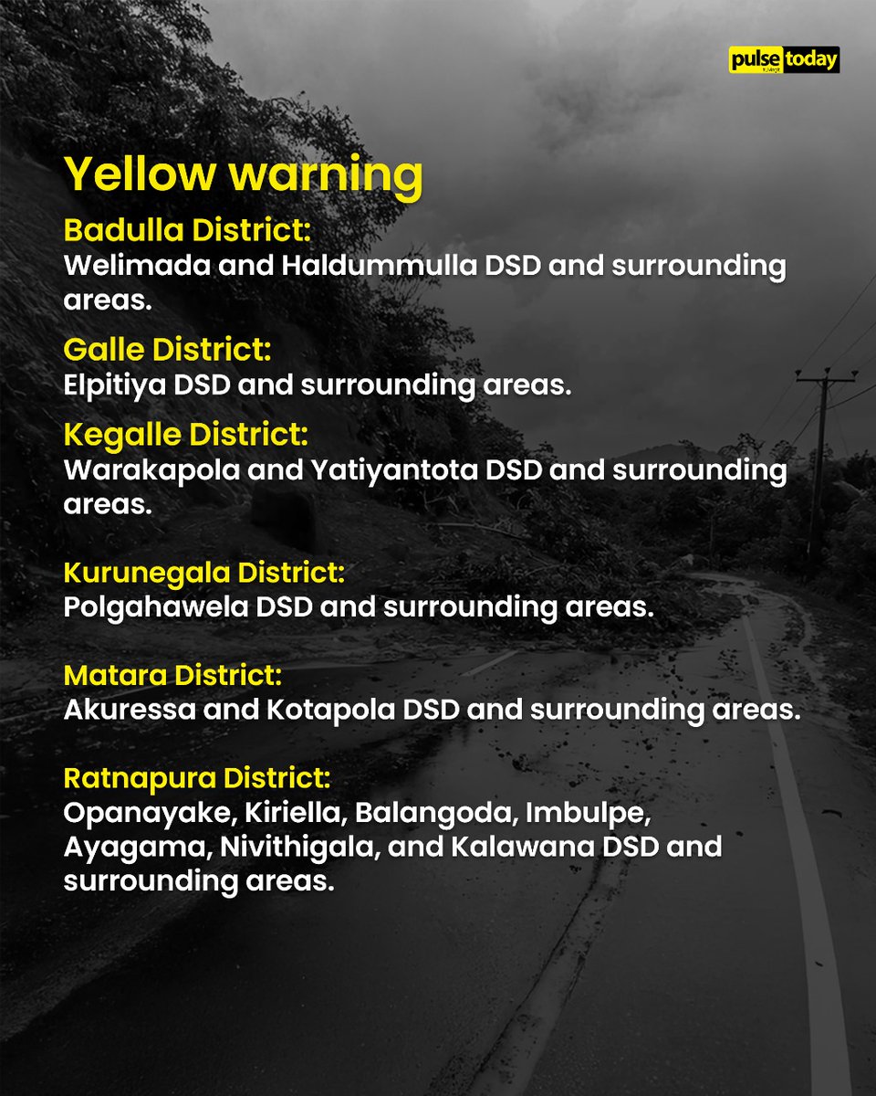 pulse_today's tweet image. National Building Research Organisation (#NBRO) has issued landslide warnings across 30 Divisional Secretariat divisions in eight districts due to ongoing #AdverseWeather. 

Read more: shorturl.at/7ZwvR

#PulseToday #SLNews #SriLanka #lka #DMC #LandslideWarning #AmberAlert