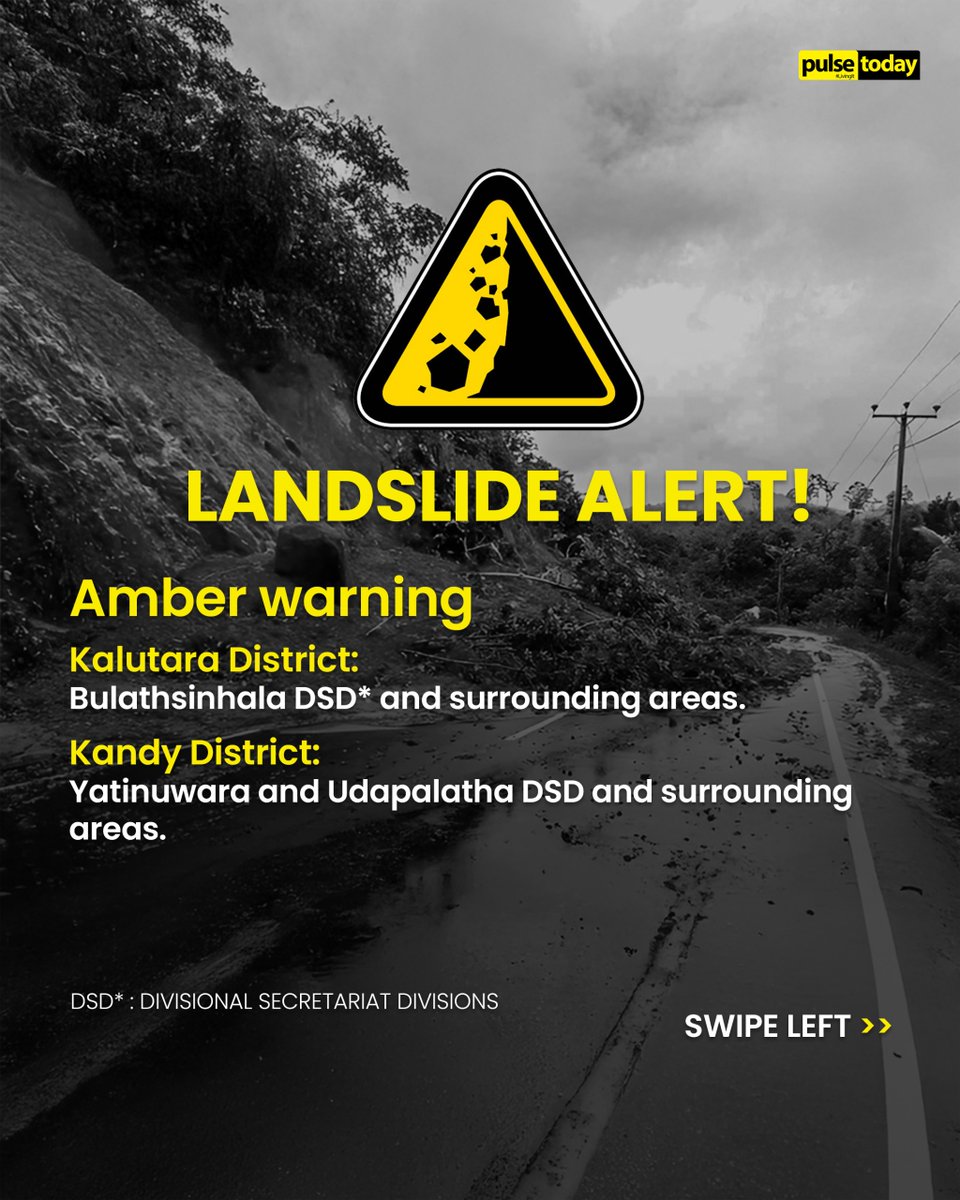 pulse_today's tweet image. National Building Research Organisation (#NBRO) has issued landslide warnings across 30 Divisional Secretariat divisions in eight districts due to ongoing #AdverseWeather. 

Read more: shorturl.at/7ZwvR

#PulseToday #SLNews #SriLanka #lka #DMC #LandslideWarning #AmberAlert