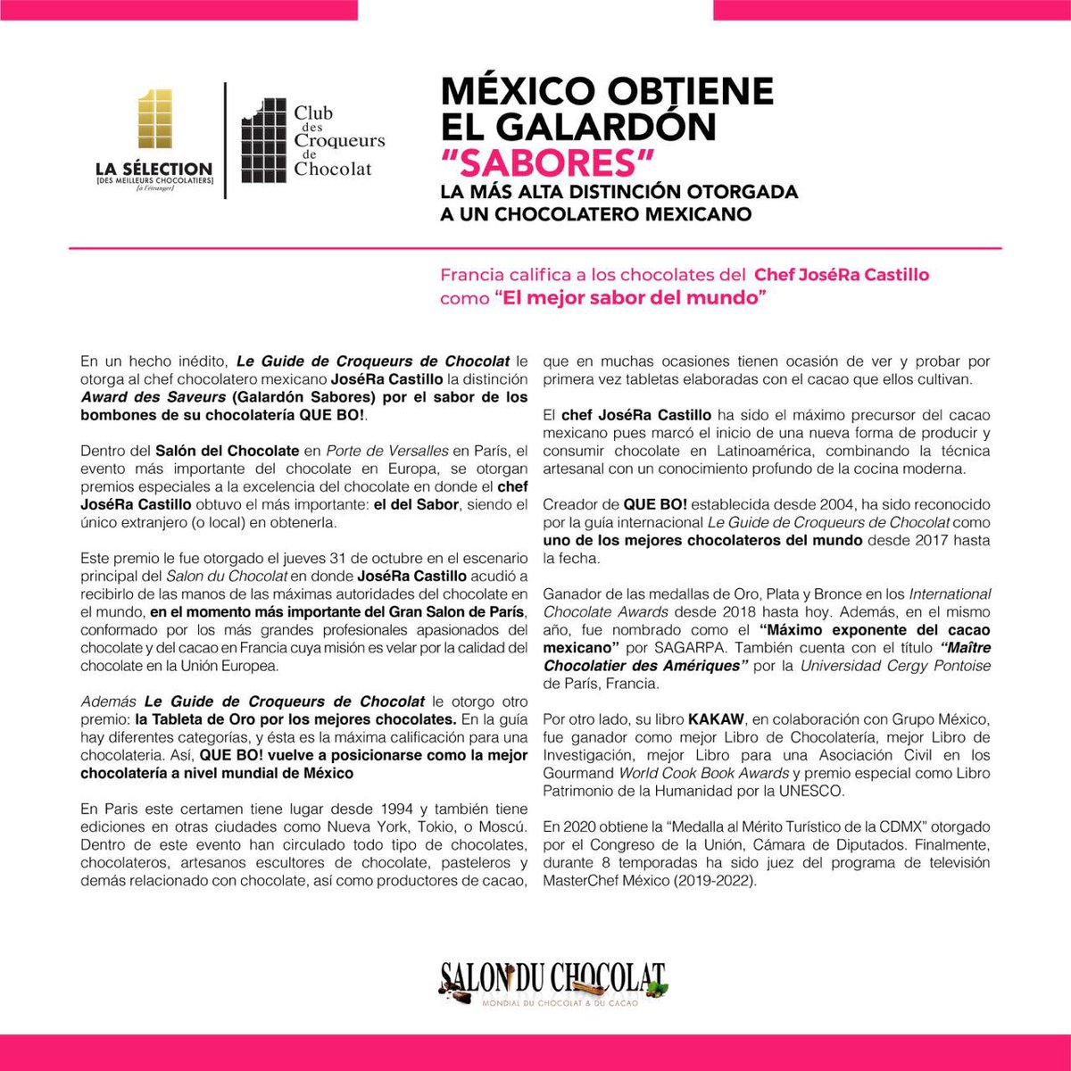 ¡Felicidades a nuestro muy querido chef <a href="/JoseRaCastillo/">Chef JoséRa Castillo</a> por la tableta de oro En Le Guide Club De Croqueurs De Chocolat y el premio Award des Saveurs (Galardón Sabores, por el mejor sabor del mundo)! ¡Estamos muy orgullosos de ti! #EquipoQueBo!