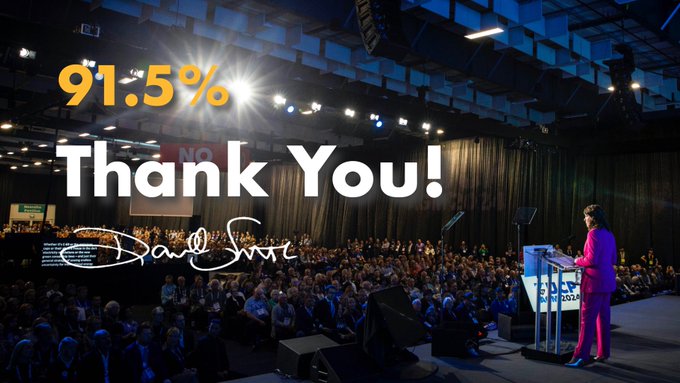 AlbertaGuru's tweet photo. In Alberta @ABDanielleSmith has withstood a leadership challenge. She received 91.5% of the vote from 3500 party delegates. https://t.co/TgvZhSGqSn
