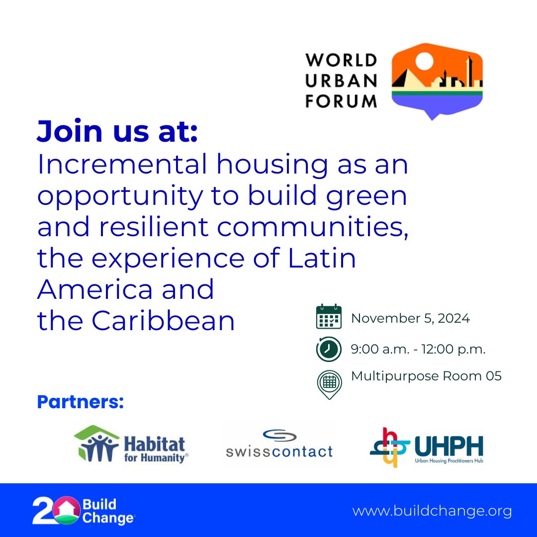 Build Change (@buildchange) on Twitter photo Attending @wuf_unhabitat? Join us TOMORROW for “Incremental Housing as an Opportunity to Build Green and Resilient Communities.”
🗓️ November 5, 2024
⏰ 9:00 a.m. - 12:00 p.m. GMT+2
📍Multipurpose Room 05
<a href="/PlataformaUHPH/">Urban Housing Practitioner´s Hub (UHPH)</a>
<a href="/Swisscontact/">Swisscontact</a>
<a href="/Techo/">TECHO</a>
<a href="/mdascidades/">Ministério das Cidades</a> Attending @wuf_unhabitat? Join us TOMORROW for “Incremental Housing as an Opportunity to Build Green and Resilient Communities.”
🗓️ November 5, 2024
⏰ 9:00 a.m. - 12:00 p.m. GMT+2
📍Multipurpose Room 05
<a href="/PlataformaUHPH/">Urban Housing Practitioner´s Hub (UHPH)</a>
<a href="/Swisscontact/">Swisscontact</a>
<a href="/Techo/">TECHO</a>
<a href="/mdascidades/">Ministério das Cidades</a>