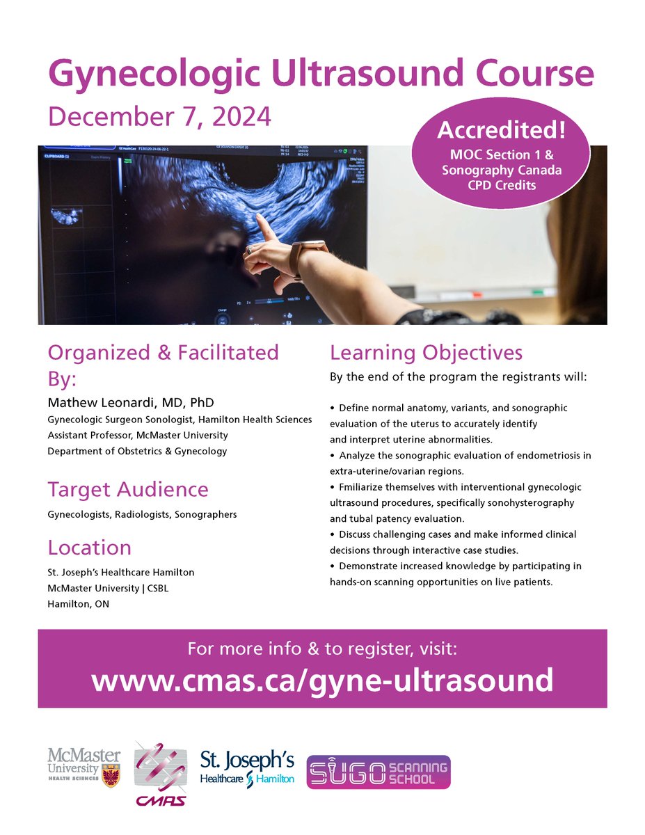 Back by popular demand! Gynecological Ultrasound Course 

December 7,2024 join <a href="/MathewLeonardi/">Mathew Leonardi MD PhD 🏳️‍🌈</a> &amp; expert faculty to explore the latest in diagnosing #edometriosis &amp; other gyn pathologies. 

Limited spaces remaining for in person learning.  Register today! cmas.ca/gyne-ultrasound