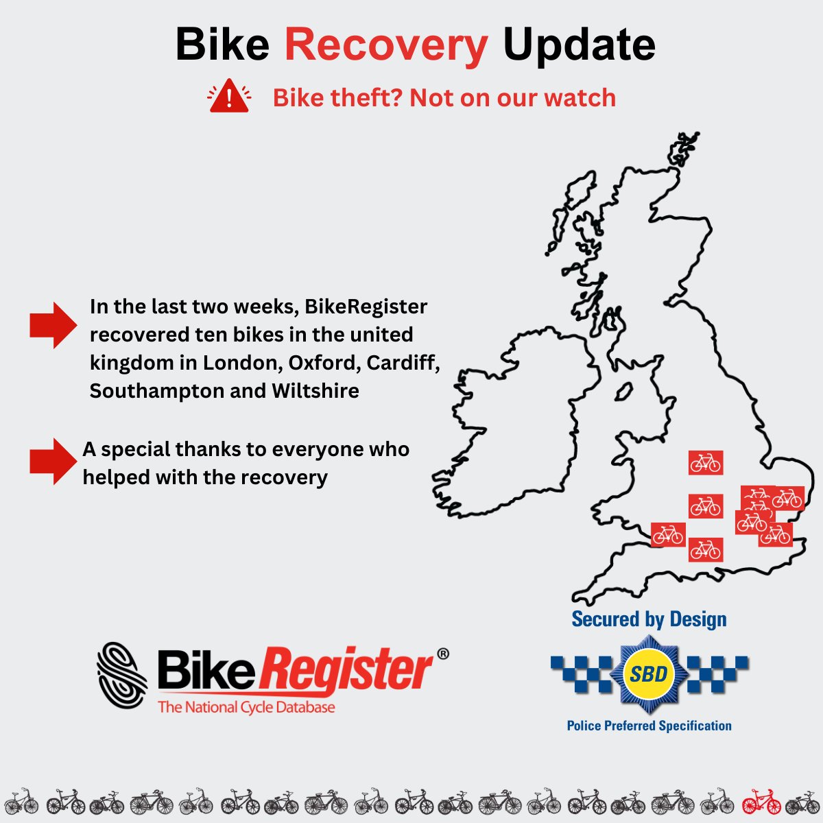 Bike Recovery Alert! 🚨

In the past two weeks, BikeRegister helped recover 10 stolen bikes across the UK! A huge thank you to everyone involved in making our communities safer. 🙌

🔒Bike theft? Not on our watch!
#BikeRegister #BikeRecovery #StopBikeTheft #CyclingCommunity