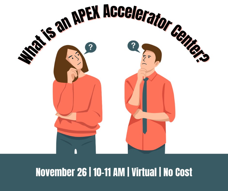 Curious about what an APEX Accelerator is &amp; how it can help your business? Join us on 11/26 to discuss how businesses can leverage the services to prepare for and secure government contracts successfully, obtain various business certifications, and more: us02web.zoom.us/webinar/regist…