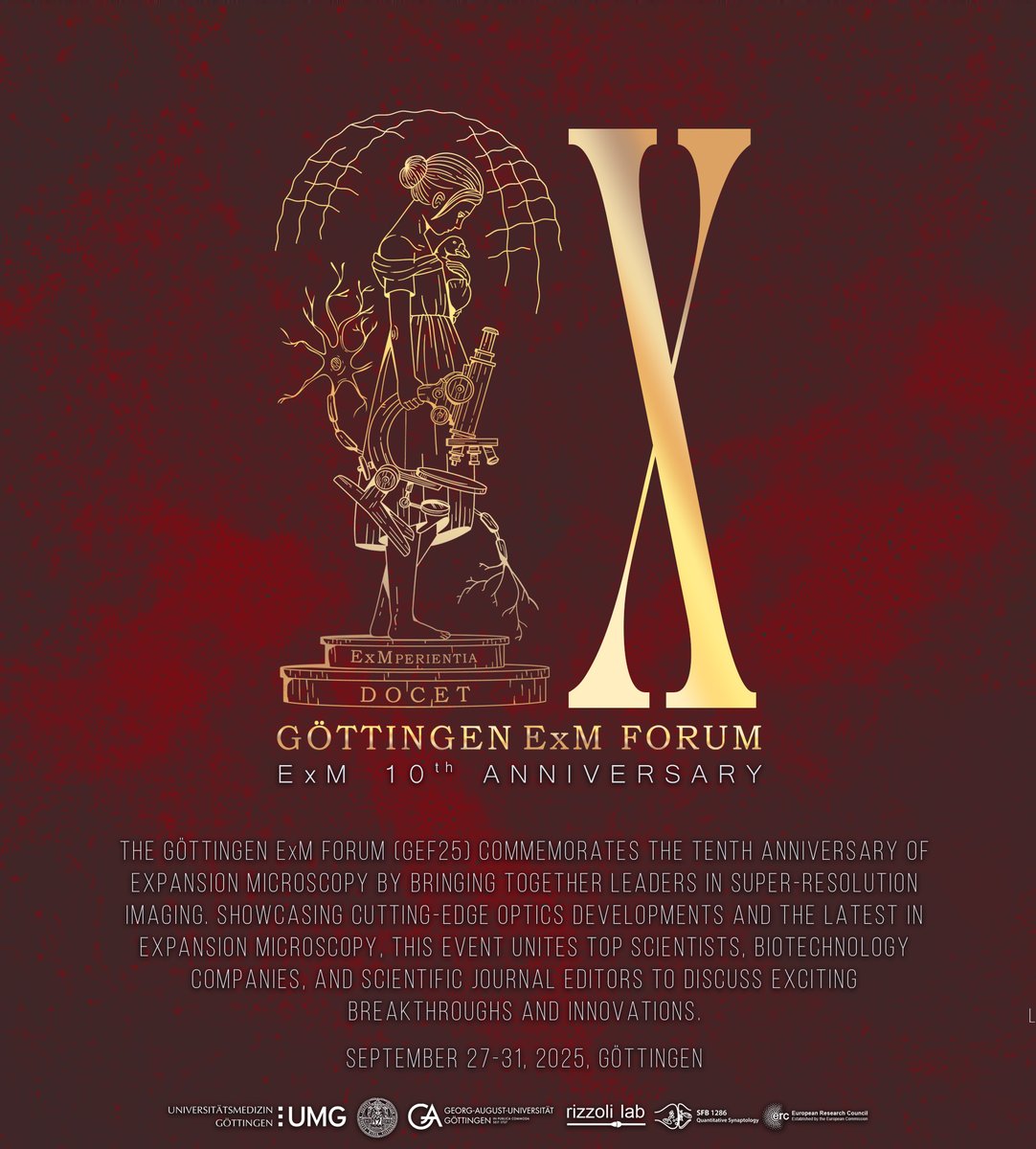 Silvio Rizzoli (@rizzolisilvio) on Twitter photo Hello all! After years in the non-social wilderness, I am on X. And for a good reason! To announce the Göttingen 2025 #ExM Forum, #GEF25, a celebration of 10 years of expansion microscopy.
Organized together with <a href="/eboyden3/">Ed Boyden</a>, <a href="/LabSauer/">SauerLab</a> & <a href="/AliHShaib/">Ali H. Shaib</a> Hello all! After years in the non-social wilderness, I am on X. And for a good reason! To announce the Göttingen 2025 #ExM Forum, #GEF25, a celebration of 10 years of expansion microscopy.
Organized together with <a href="/eboyden3/">Ed Boyden</a>, <a href="/LabSauer/">SauerLab</a> & <a href="/AliHShaib/">Ali H. Shaib</a>