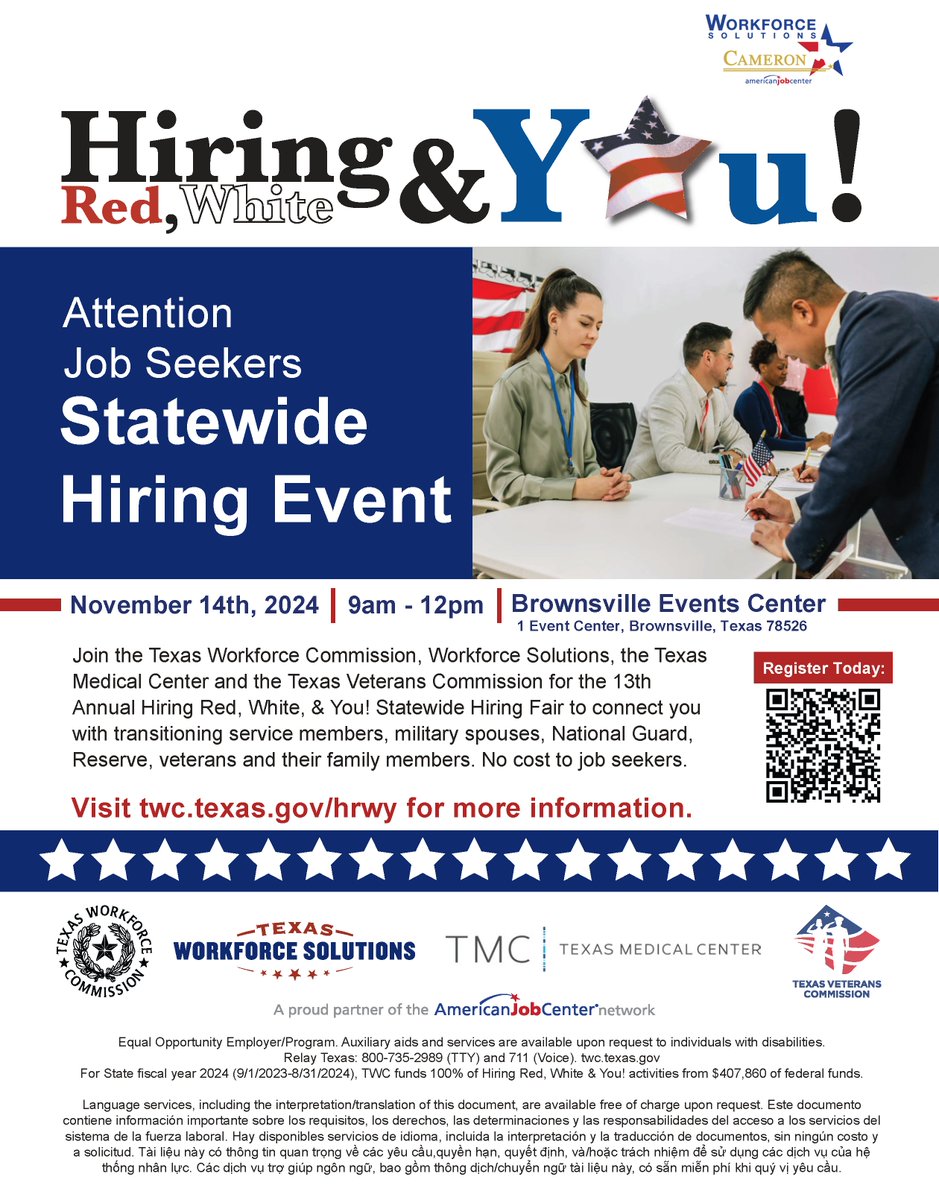 #MemberMessage The Workforce Solutions Cameron 13th Annual Hiring Red, White, &amp; You! Job Fair is only 10 days away! Happening Thursday, November 14th from 9am-12pm at the Brownsville Events Center. 

Register today 🌐 …rkforcesolutionscameron.formstack.com/forms/job_seek…