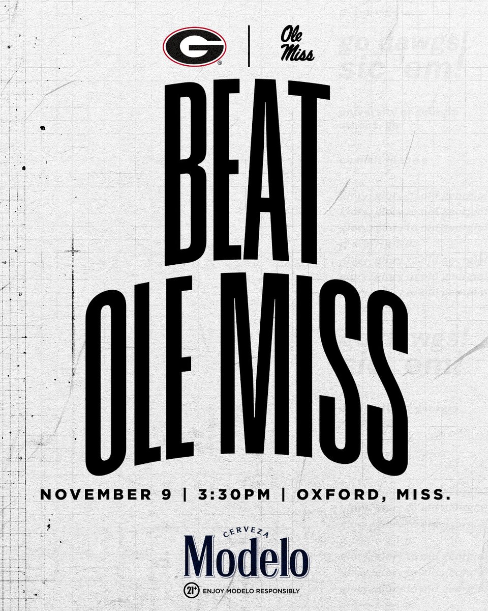 The Dawgs are back on the road this Saturday!

🆚: Ole Miss
⌚️: 3:30pm
📍: Oxford, Miss.
📺: ABC

#GoDawgs | <a href="/ModeloUSA/">Modelo USA</a>