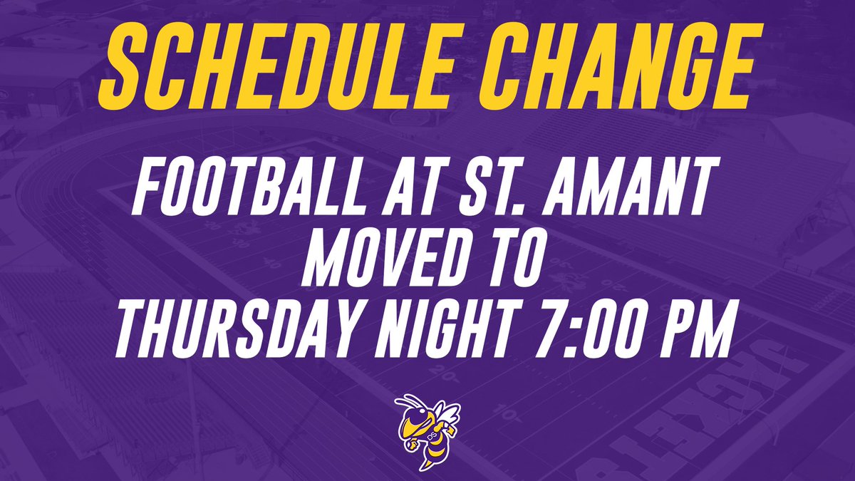 Denham Springs Athletics (@denhamathletics) on Twitter photo 🚨ANNOUNCEMENT: Due to potential incoming weather later this week, Friday's <a href="/denhamspringsFB/">Denham Springs FB</a> game at St. Amant has officially been moved to THURSDAY night.
Kickoff is still at 7:00 at The Pit. 🚨ANNOUNCEMENT: Due to potential incoming weather later this week, Friday's <a href="/denhamspringsFB/">Denham Springs FB</a> game at St. Amant has officially been moved to THURSDAY night.
Kickoff is still at 7:00 at The Pit.