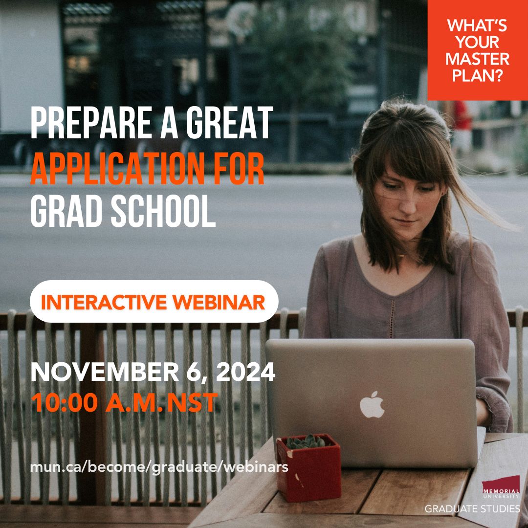 Thinking about grad school and wondering how to make your application stand out? Join us on November 6 at 10 a.m. for an interactive webinar. We will provide you with a step-by-step guide and useful tips to help with your application to Memorial.
Register: mun.ca/become/graduat…