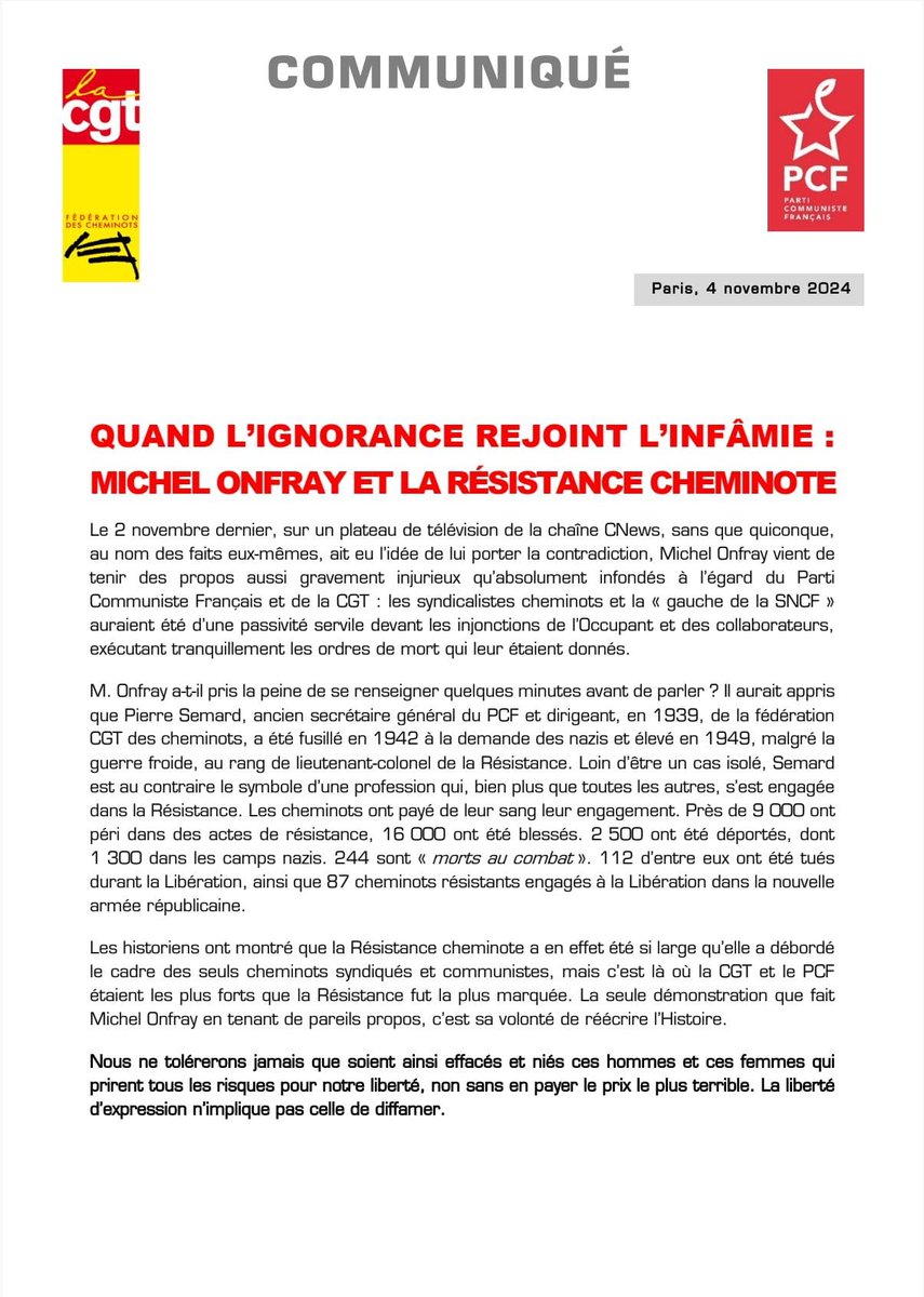 Quand l'ignorance rejoint l'infamie : Michel Onfray et la résistance cheminote.

Retrouvez ⬇️ le communiqué de la <a href="/cgtcheminots/">CGT Cheminots</a> et du <a href="/PCF/">PCF</a>