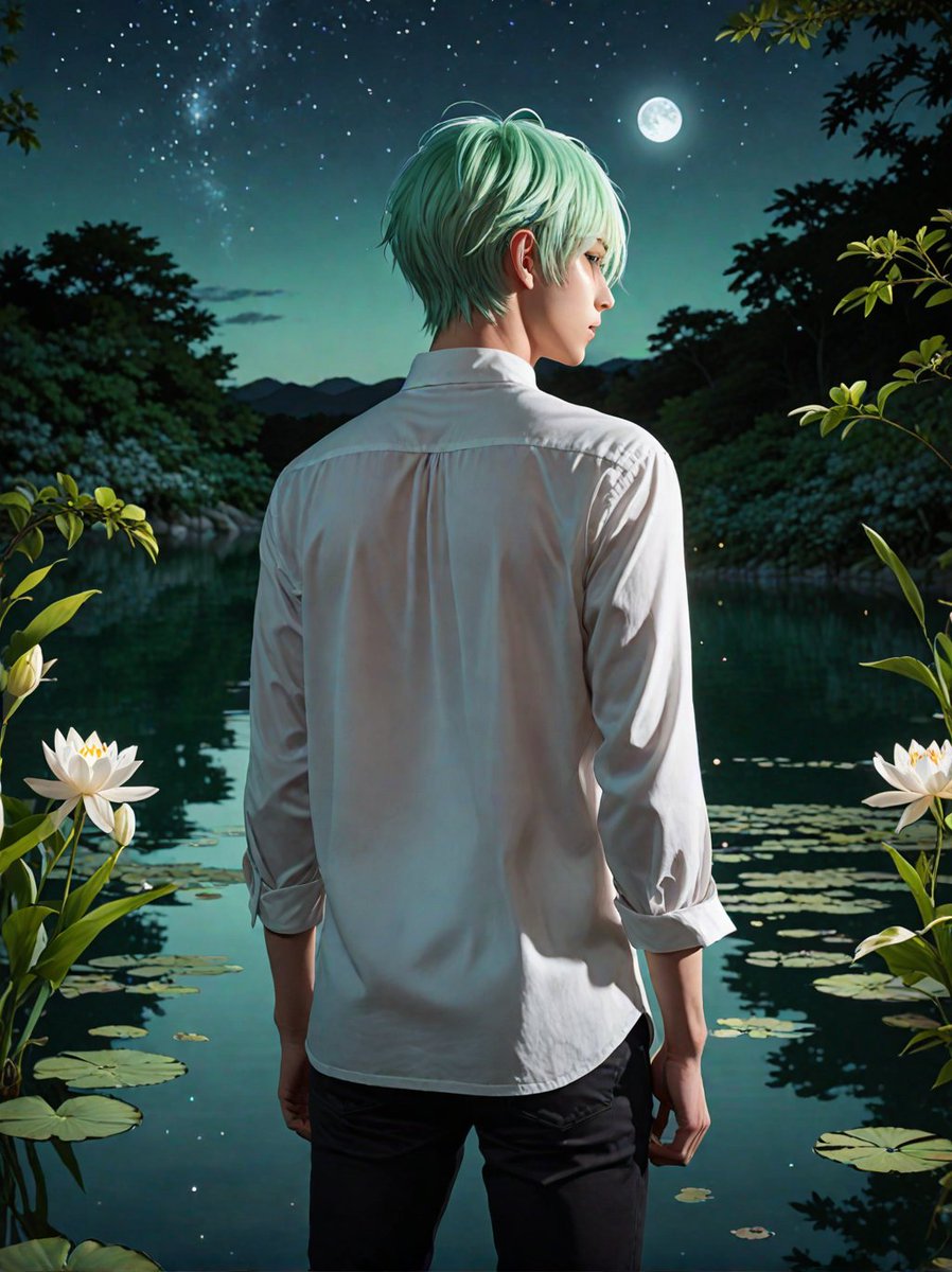 I created 'A Moonlit Duo' featuring an anime man and woman. 

What do you think of this serene scene?